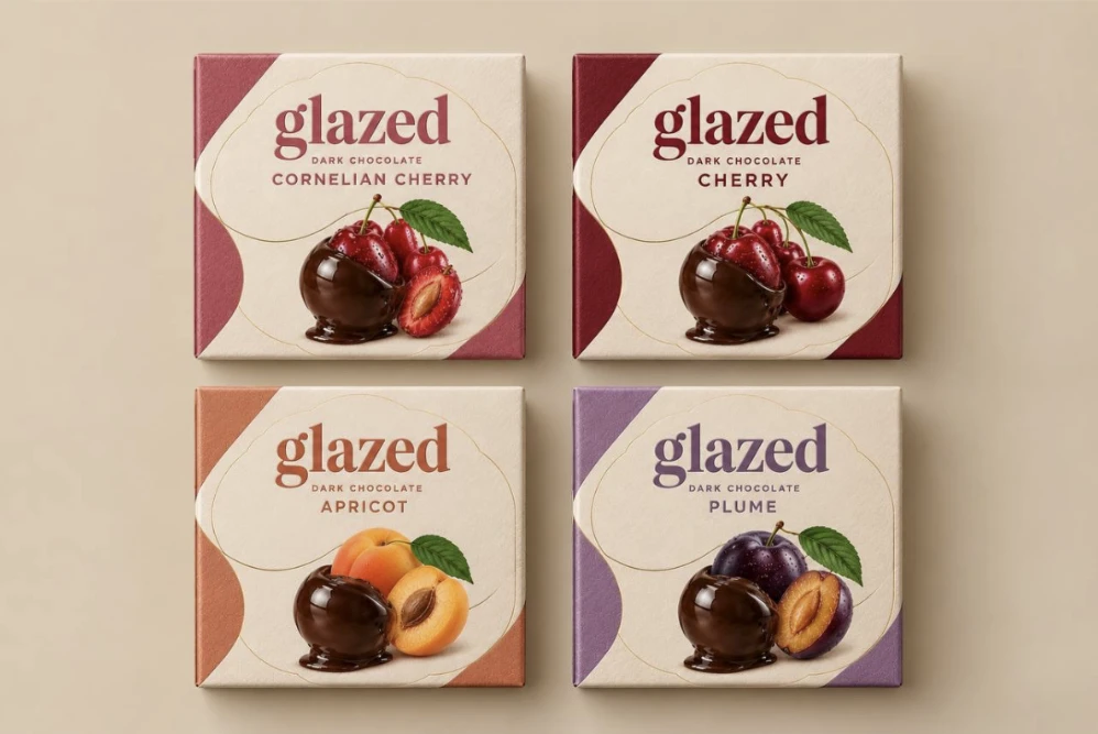 Supplied reference artwork showing four Glazed chocolate packaging concepts